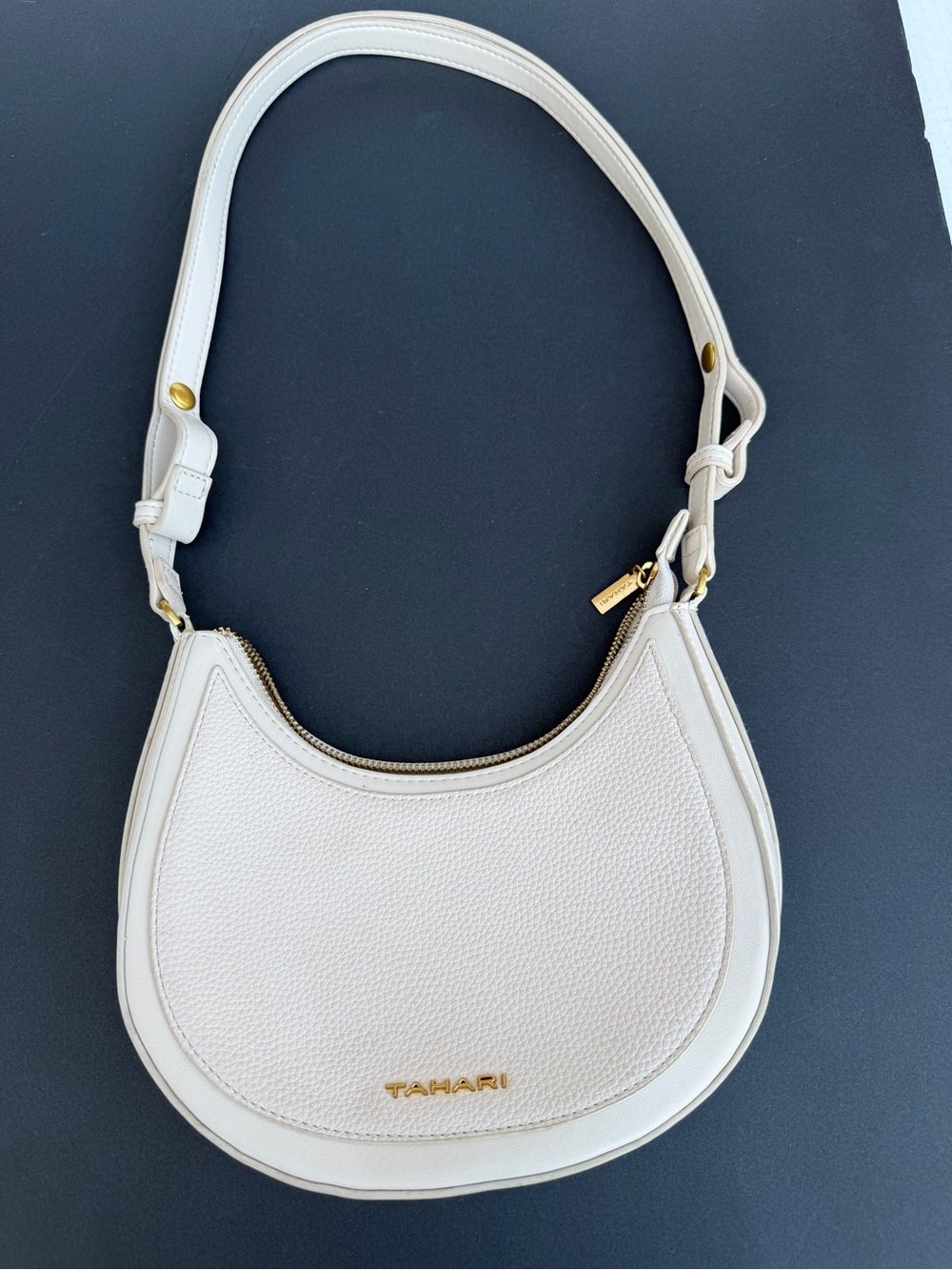 Tahari Cream Crescent Shoulder Bag with Gold Hardware
